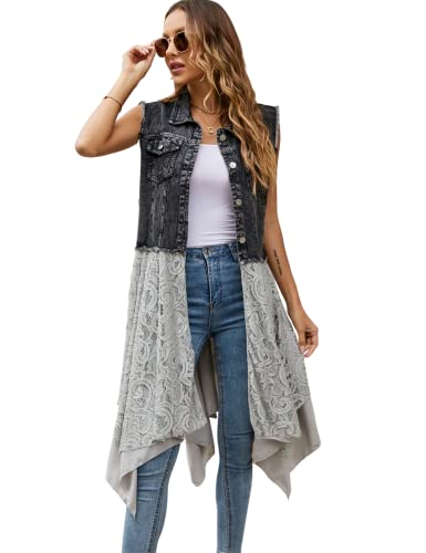 Qibabu Mid Long Denim Vest For Women Lace Crochet Patchwork Sleeveless Distressed Jean Jacket (0986-Black-Xl-Qb) #TOP30