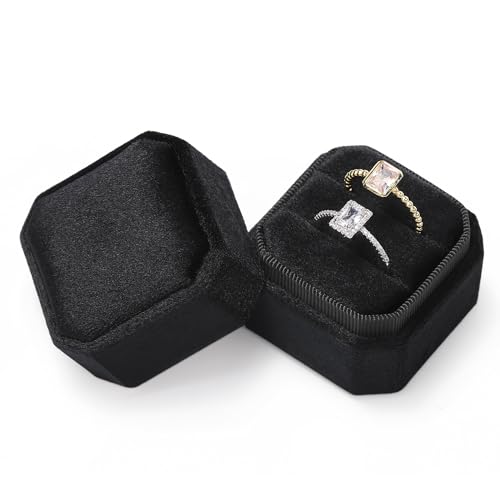 Sightor Velvet Ring Box, Octagon Velvet Jewelry Ring Box Storage 2 Slots Ring Holder Box for Proposal, Engagement, Wedding Ceremony (Black)