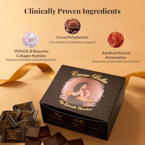 Cacao Bella™ Functional Dark Chocolate Bar for Skin Health with VERISOL® Collagen Peptides, Astaxanthin & Cocoa Flavanols, Clinically Proven to Support Skin Elasticity, Hair, Nails & Reduce Wrinkles