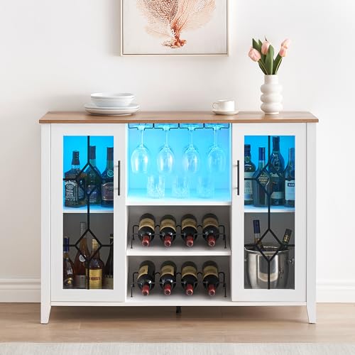 Image of Farmhouse Wine Bar Cabinet with LED Light, Wood Storage Cabinet with Glass Doors, Adjustable Shelves, Wine & Coffee Station for Dining Room, Living Room, Home Bar,White