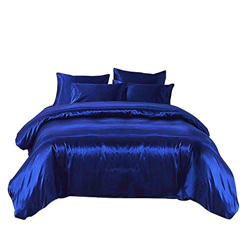 Glam Bedding - Satin Silk 3 Pc Duvet Cover Set With Zipper Closure - Ultra Soft Premium - Comforter Protector With Sham - Full/Queen, Royal Blue #TOP1