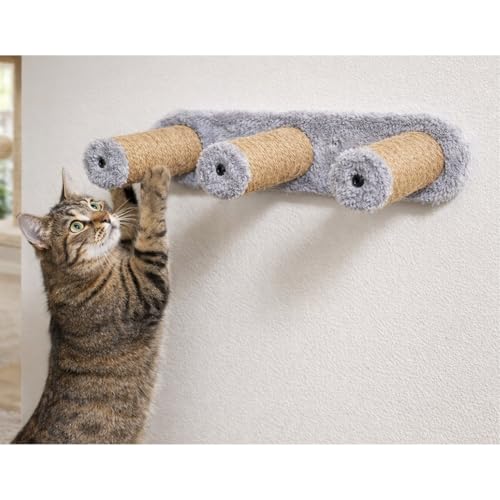 Image of Wall-Mounted Cat Scratching Post, Sisal Rope with Plush Mice Toys, Grey and Natural, Interactive Play (24X6 INCH) (FURR-157) (Grey)