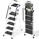 KINGRACK 5 Step Ladder, Step Stool 800 lbs Capacity with Safety Latch, Storage Tray, Handrail & Extra Wide Steps, Step Ladder 5 Step Folding for Home, Garden, Painting, Garage & Outdoor, White