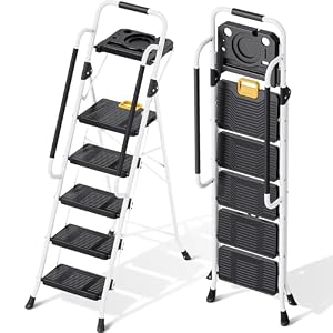 KINGRACK 5 Step Ladder, Folding Step Ladders for Home, 800lb Capacity,White