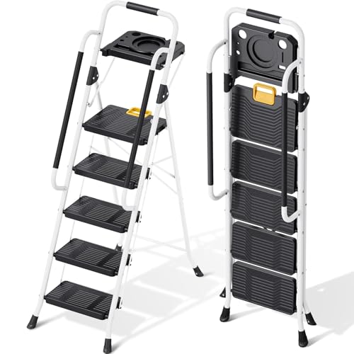 KINGRACK 5 Step Ladder, Step Stool 800 lbs Capacity with Safety Latch, Storage Tray, Handrail & Extra Wide Steps, Step Ladder 5 Step Folding for Home, Garden, Painting, Garage & Outdoor, White