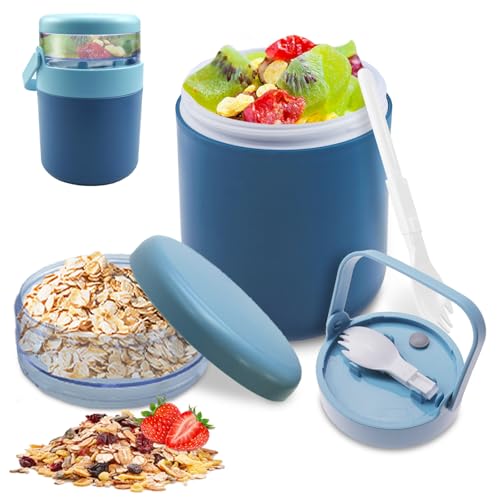 Rongxze Taza para Cereales para Llevar, 570ml+160ml Reutilizable Taza de Yogur con Cuchara, Portátil Taza de Cereales para Cereales, Ensaladas, Postres de Yogur (Azul)