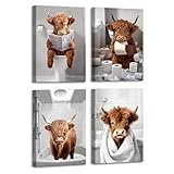 4Pcs Hochlandkuh Leinwand Bilder Set Mit Rahmen Lustige Kuh Badezimmer Badewanne Bilddruck Bild auf Leinwand Poster Verspielte Tier Wandbilder Wohnzimmer Toilette WC Hotel Wanddeko 30x40cm x4