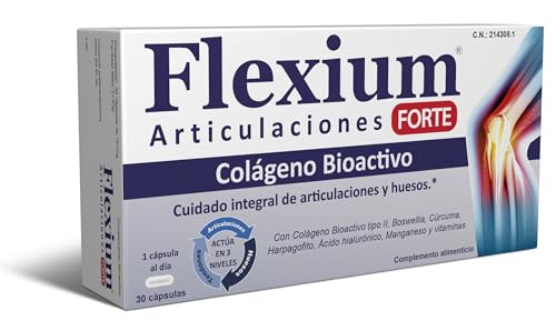 Flexium Articulaciones Forte 30 Cápsulas - Cuidado de Articulaciones y Huesos - con Colágeno Hidrolizado Tipo II, Ácido Hialurónico, Cúrcuma, Boswellia y Vitaminas