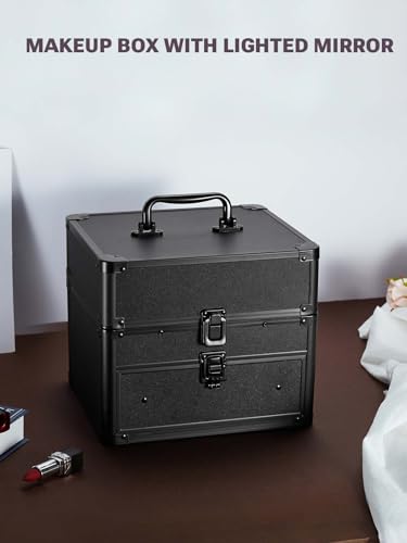 Qislee Makeup Box with Drawer and Four Trays, A Detachable Lighted Mirror, Waterproof Travel Train Case, Cosmetic Organizer and Makeup Suitcase with Magnetic LED Mirror(Black)