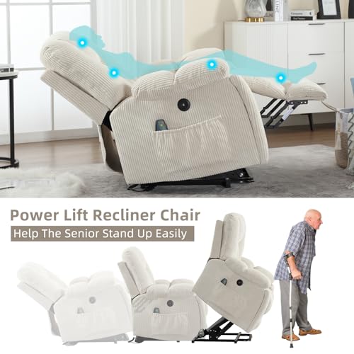 Image of CANMOV Power Lift Recliner Chair with Massage and Heat for Elderly, Overstuffed Wide Recliners, Heavy Duty and Safety Motion Reclining Mechanism with USB Ports, 2 Concealed Cup Holders, Beige