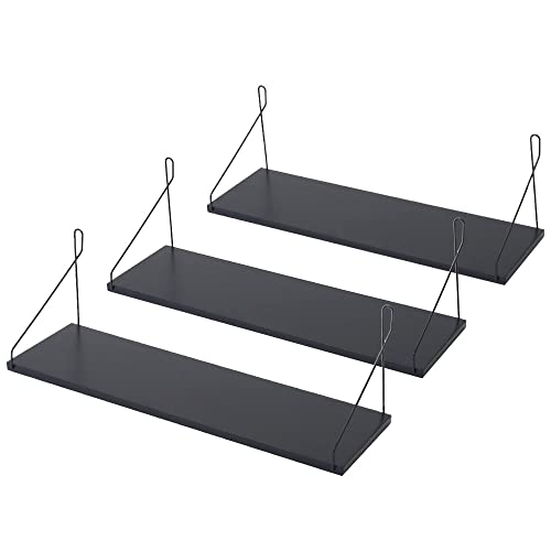 life_mart 【 3個セット 】ウォールシェルフ 幅50cm 奥行き15cm 石膏ボードピン付属 取り付け 壁 壁掛け 壁付け かざり棚 飾り棚 木製 アイアン 石膏ボード シェルフ ウォールラック (幅50cm, ブラック)