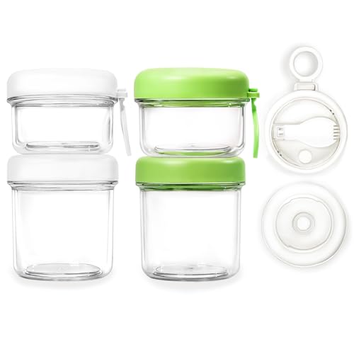 LKTKJDS 2 Pack Overnight Oats Containers with Lids, Folding Spoons 26 oz Plastic Mason Jars Containers with Lids Portable Cereal and Milk Container on The Go (White and green Oatmeal Cup)