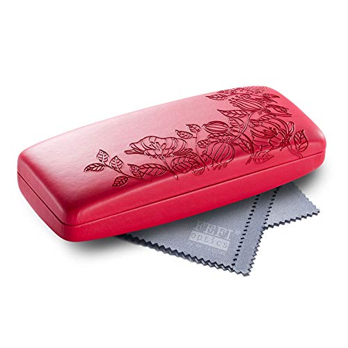 FEFI - Hardcase Brillenetui im geprägten Blumen-Design - inklusive Brillenputztuch / Microfasertuch (Rot) Cover