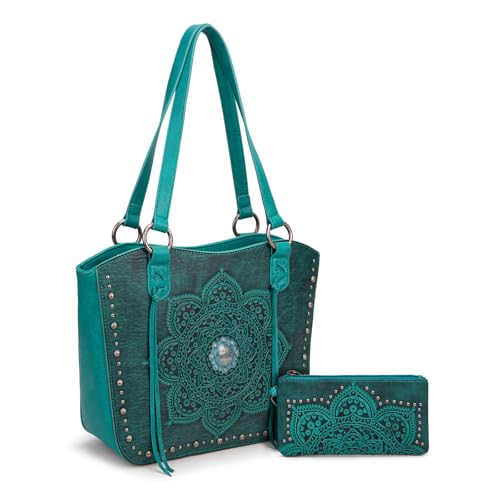 Image of Montana West Western Tooling Tote Bag with Wallet Set for Women Vintage Studded Top Handle Shoulder Handbag