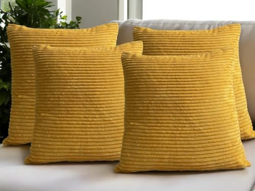 Seechoo Set of 4 - Corduroy Ochre Sofa Cushion Covers 45 x 45 cm Decorative Pillows | Soft Ribbed Throw Pillow Covers for Sofa Cushions Couch Bed Living Room Home Decor 18x18