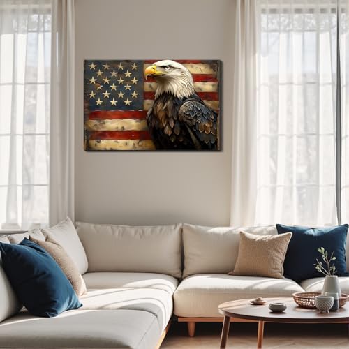 Image of Framed Bald Eagle American Flag Wall Art, Patriotic USA Canvas Art Pictures, Vintage Eagle Wall Decor for Office Living Room Man Cave, Ready to Hang Made in USA