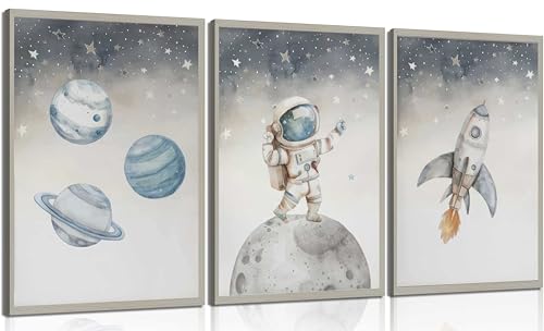Image of LQUXCSIQ 3Pcs Nursery Astronaut Wall Art Kid Space Adventure Canvas Prints Rocket Spaceman Pictures Wall Decor Explore Dream Galaxy Posters Painting for Boys child Bedroom Living Unframed