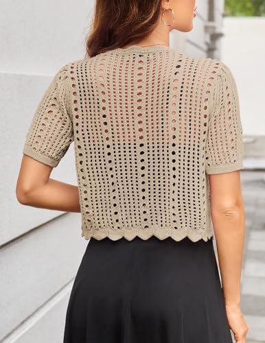 Image of Kate Kasin Women Crochet Shrug Knit Sweater, Short Sleeve Cropped Cardigan | Tie Front Tops Light Weight, Knit Cover Up Arm Bolero For Evening Dresses Dressy Casual, Ladies Eyelet Shawl Thin Formal