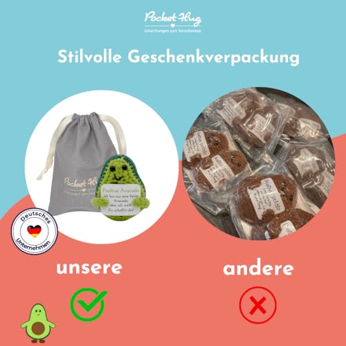 Pocket Hug Positive Avocado · Mutmachergeschenk für Freunde, Familie und Kollegen · Kreative Avocadofigur · Motivationsgeschenk & Glücksbringer deutsch · Handmade Woll-Avocado inkl. Zubehör