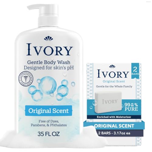 Image of Ivory Body Wash + Gentle Bath Bar Soap (2 Count) Bundle Designed for the Whole Family, Original Scent, Gentle Formula, Made Without Heavy Perfumes, Parabens, or Phthalates, 35 oz & 3.17 oz (Pack of 2)