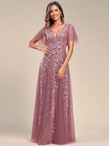 Image of Ever-Pretty Women's Sequin Formal Dresses Evening Gown Sparkly V-Neck Short Sleeve Floor Length Mother of The Bride Dress 736