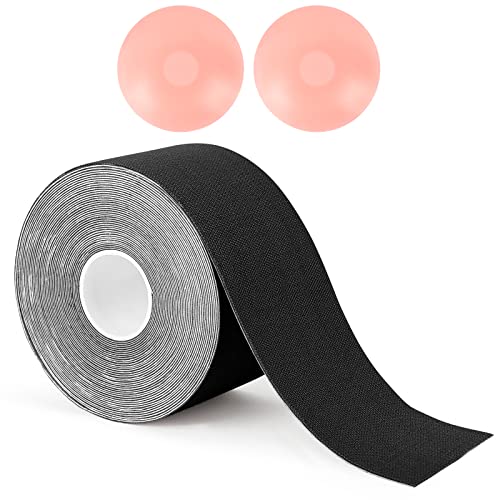 Proworks Boob Tape | 7m Roll of Skin Friendly Adhesive Boobtapes with Reusable Nipple Covers for an Invisible Push Up Bra Boob Lift Effect, Breast Tape for Large Breasts A - G Cup - Black