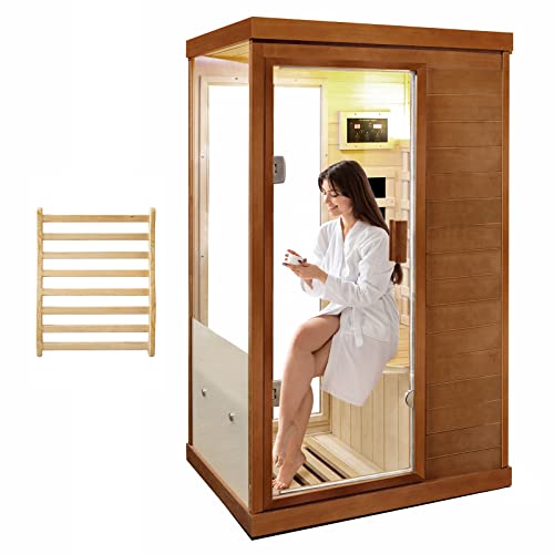 Far Infrared Sauna Home Sauna Spa Room Low-Emf Canadian Hemlock Wood 800W Indoor Saunas For Home With Backrest, Control Panel And Tempered Glass Door #TOP4