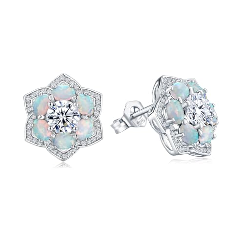 Sterling Silver Flower Shaped Stud Earrings for Women Trendy Six Leaf Clover Earrings Ruby/Sapphire/Emerald Stone Diamond Statement Studs Birthstone Anniversary Jewelry