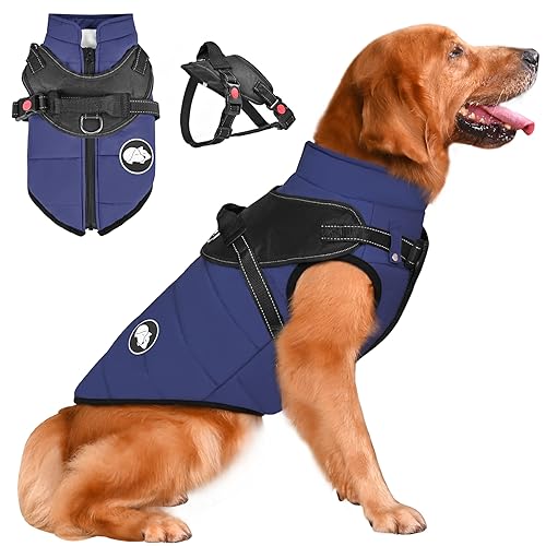 Dog Coat with Harness Detachable, Waterproof Warm Dog Coat for Cold Weather, Reflective Dog Winter Jacket for Small Medium Large Dogs, Puppy Clothes for Teddy Chihuahua