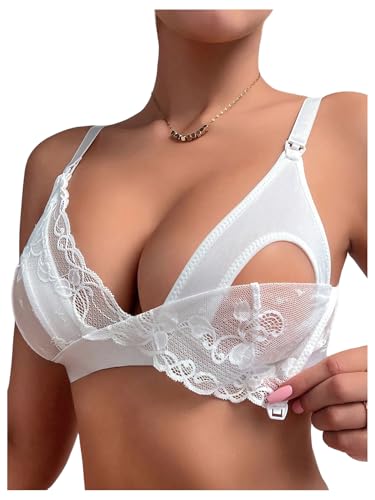 MakeMeChic Womens Nursing Bras for Breastfeeding Bodily Lace Sheer Maternity Lingerie Bralette White Small