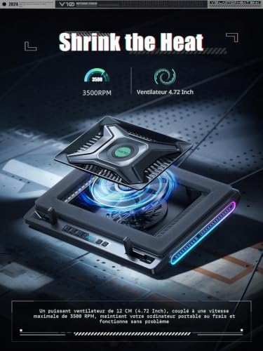 llano Rafraîchisseur de Portable RGB Gaming avec Ventilateur Turbo Externe Puissant de 4,72’’, Refroidissement Rapide pour Ordinateurs Portables de 13 à 17,3’’, contrôle des Touches, 4 USB C&A. – vue 2