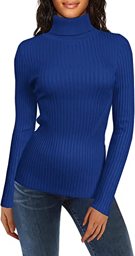 V28 Women Stretchable Turtleneck Knit Long Sleeve Slim Fit Sweater (Large, Blue) #TOP2