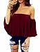Miskely Women's Summer Off Shoulder Blouses Short Sleeves Sexy Tops Chiffon Ruffles Casual T Shirt (Medium, Wine Red)