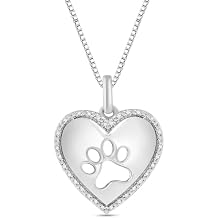 Jewelili Sterling Silver Dog Paw Heart Pendant Necklace | Natural White Round Diamond Accent | 18" Box Chain | Pet Lover Jewelry | Timeless Fashion Jewelry