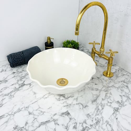 Round Ceramic Bathroom Sink Vanity Counter Top - Porcelain Vessel Sink - Handmade Moroccan Basin Sink - Ceramic Wash Basin with Wave rim (14 inches)