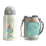  Botella de Agua Aislada al Vacío con Pajita para Niños Unicornio Frascos Térmicos Sin Bpa Termo Botella Personalizada para Infantil Acero Inoxidable Termo Taza Viaje, 550ML, Rosa