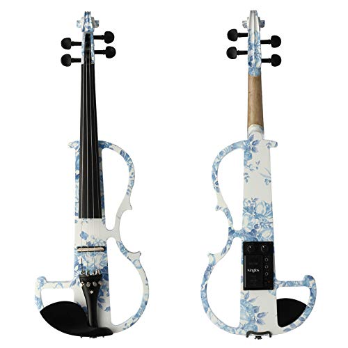 Kinglos DSG1201 4/4 White Blue Flowers Colored Solid Wood Advanced Electric/Silent Violin Kit thumb #1