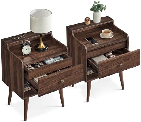 VASAGLE Nightstands, Set of 2, Bedside Tables with Hidden Drawers, Mid-Century End Side Tables with Solid Wood Legs, for Bedroom, Natural Walnut ULET624K01 VASAGLE Nightstands, Set of 2, Bedside Tables with Hidden Drawers, Mid-Century End Side Tables with Solid Wood Legs, for Bedroom, Natural Walnut ULET624K01