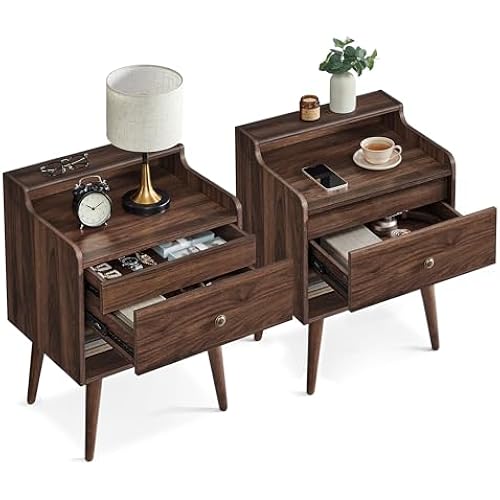 VASAGLE Nightstands, Set of 2, with Hidden Drawers, Solid Wood Legs