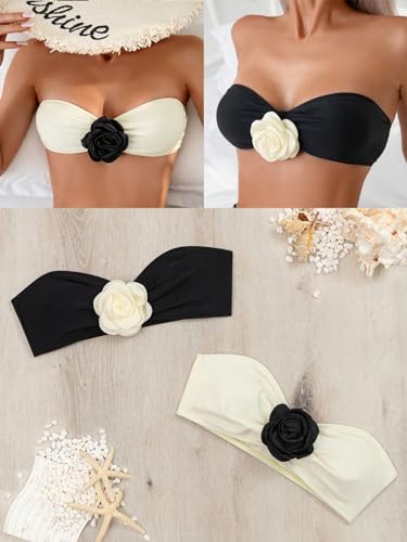 Milumia Women's 2 Pack Bandeau Bikini Top 3D Flower Strapless Bathing Suit Tops Swimwear2