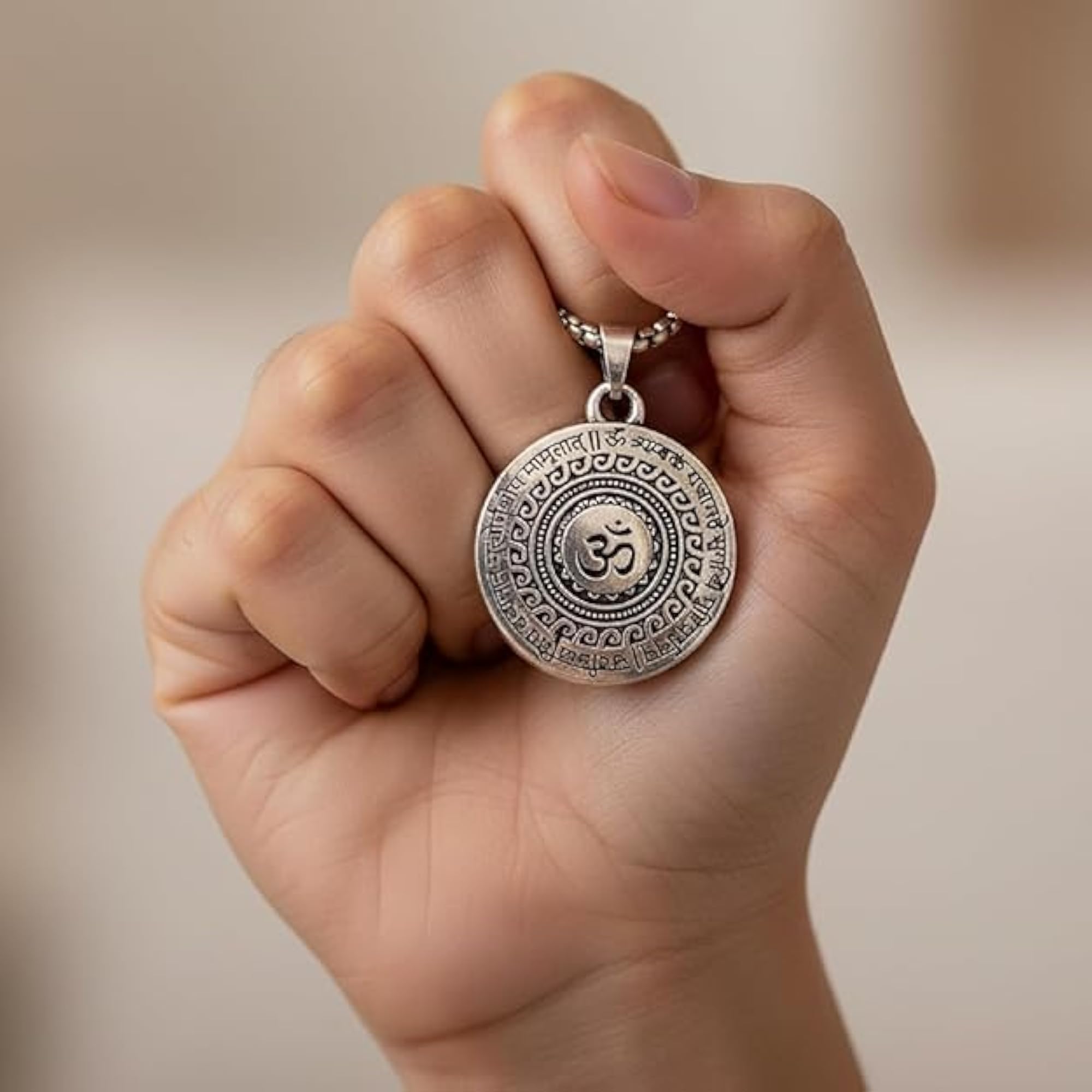 Men's Maha Mrityunjaya Mantra Om Necklace, Handcrafted Oxidized Locket