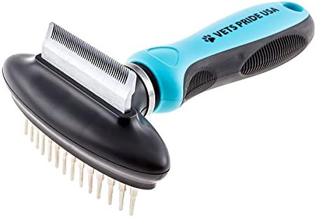 Vets Pride USA 2-in-1 Deshedding Comb & Undercoat Rake - Flexible Neck Bends Up to 30° - Grooming Tool with Deshedder Brush & Rake for Dematting - Detangler That Removes Both Matted & Shedding Hair