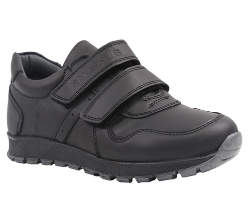 SIRRI Boys 2 Touch and Close Straps Black Leather School Shoes, Formal Smart Back to School Trainers Size UK Youth 3 - EU 36