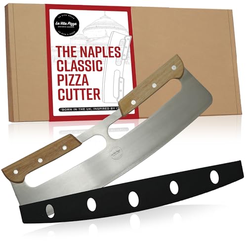 La Vita Pizza - The Naples Classic Pizza Cutter | 13 Wooden Handled Rocker Pizza Cutter Made from Stainless Steel, with & Safety Cover for Effortless Slicing, Italian Inspired Pizza Accessories