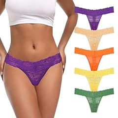 5pcs Mid Waist Lace Thongs-yellow Orange Grape Green Beige