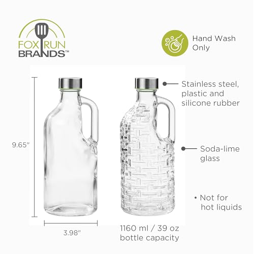 Fox Run Glass Bottle and Lid Set, Set of 2 Glass Pitchers with Stainless Steel Lids, 39 oz/1.15 Liter Capacity Each