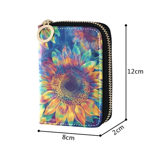 Small Women's Wallet Credit Card Protector RFID Blocking Zip Around Coin Change Purse with Zipper Colorful Sunflower Tie Dye Art3