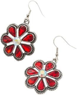 Turquoise Flower Earrings - Vintage Style Blossom Dangles with Crystal Center, Bohemian Western Jewelry for Casual & Festival
