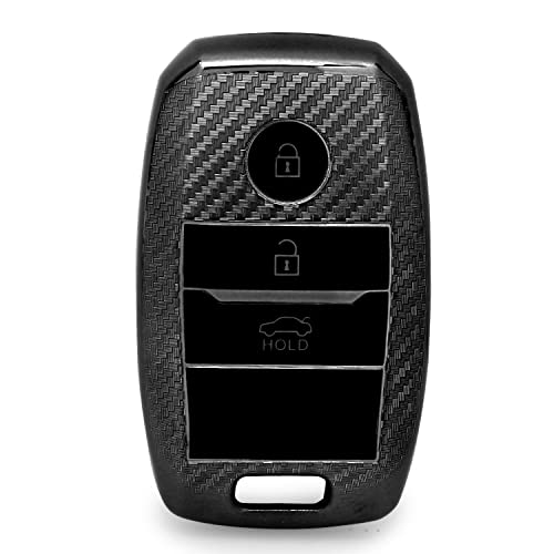 Image of JVCV Soft TPU Carbon Fiber Style Car Key Cover Compatible with Kia Seltos Sonet Carens 3 Button Push Start Car Key (Black Gun Metal)