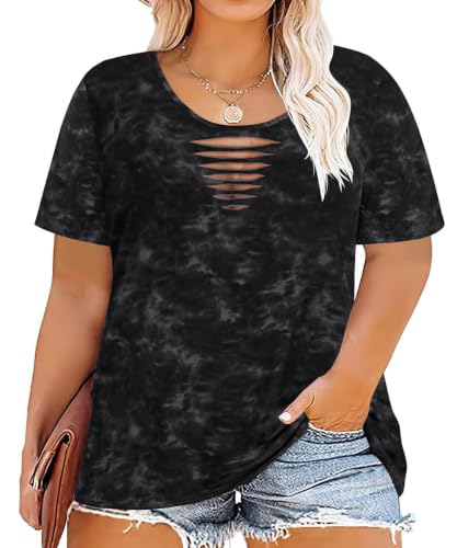 Image of CARCOS Plus Size Tops for Women Short Sleeve Shirts Basic Tee Solid Color Blouse V Neck Tunic Loose Fit Tshirts Summer XL-5XL